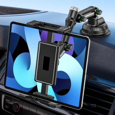 Afbeelding van GlasFlength Tablethouder voor auto, dashboard, tablethouder, zuignap, geschikt 4,7 9,7 inch tablets en telefoons, 360 graden draaibaar, verstelbaar, iPad houder kantoor (zwart)