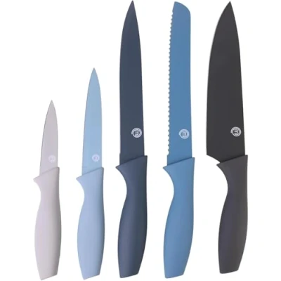 Afbeelding van MasterChef Set van 5 roestvrijstalen keukenmessen met soft touch handgrepen, multifunctioneel, stuks, blauw