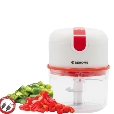 Afbeelding van Behome Mini hakmolen, oplaadbaar, USB, draadloos, inhoud 250 ml, roestvrijstalen messen, rood en wit