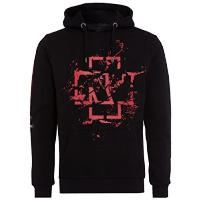 Afbeelding van Rammstein Hoodie met zwarte spray 2.0 logo, officieel product van de groep print op borst en mouwen, zwart.
