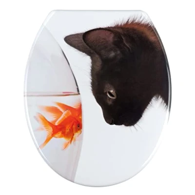 Afbeelding van WENKO Wc bril Fish &amp; Cat, toiletbril met hygiënische bevestiging van roestvrij staal, antibacterieel duroplast, 37,5 x 45 cm