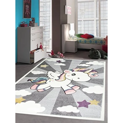 Afbeelding van CARPETIA Kindertapijt, speeltapijt voor baby&#039;s, meisjes, met eenhoorn, regenboog, roze, crème, grijs, afmetingen 80 x 150 cm