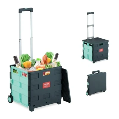 Afbeelding van Relaxdays boodschappenkrat op wielen met deksel tot 35 kg telescopisch vouwkrat turquoise