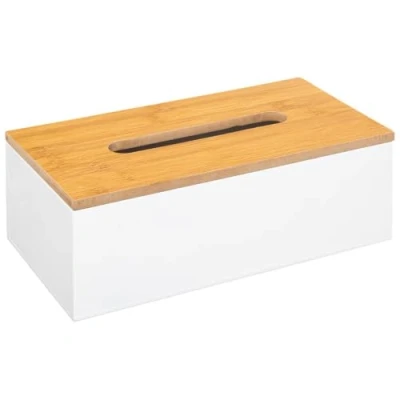 Afbeelding van 5Five Tissuedoos/zakdoekjes box wit MDF hout bamboe deksel 25 x 13 9 cm