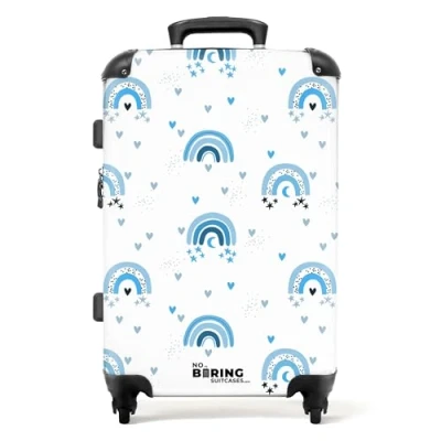 Afbeelding van NoBoringSuitcases.com® Koffer groot Rolkoffer lichtgewicht Blauw regenboogpatroon met hartjes Reiskoffer 4 wielen Grote trolley XL 20 kg bagage