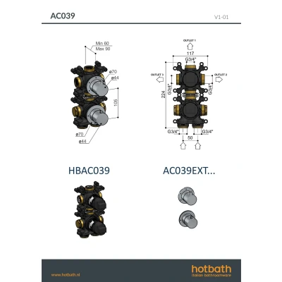 Afbeelding van Hotbath Afbouwdeel Inbouw thermostaat met 3 weg stop omstel Geborsteld Zwart PVD AC039EXTMBP