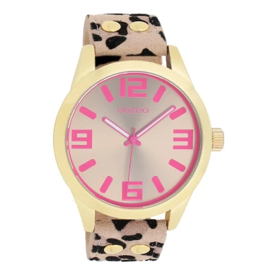Afbeelding van Oozoo Timepieces montre pour femme avec bracelet en cuir de qualité supérieure Élégante analogique ronde, Léopard/taupe/rose