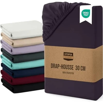 Afbeelding van Utopia Bedding Hoeslaken, met overslag van 30 cm, eenvoudig onderhoud, zachte geborstelde microvezelstof, krimpbestendig en vervaagt niet (180 x 200 paars)