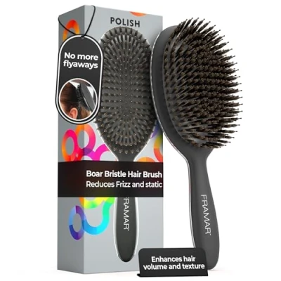 Image de FRAMAR Brosse en Poils de Sanglier Souple Cheveux pour Femmes, Idéale Fins, Bouclés ou Frisés, Lissant et Couleur Noire