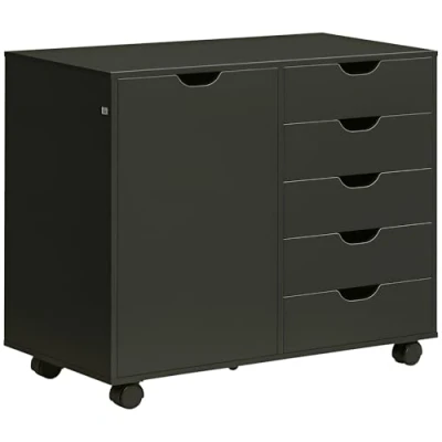 Afbeelding van HOMCOM caisson de bureau mobile avec 5 tiroirs et 1 porte, étagère réglable, meuble rangement bureau, sur roulettes, pour documents papeterie, 78 x 40 66,5 cm, noir