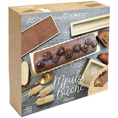 Afbeelding van SCRAP COOKING 1939 Siliconen bakvormen set Met inzetstuk, genuese mat, gouden standaard en recept voor chocoladeboomstammen Zachte goot gebak Goudkleurig