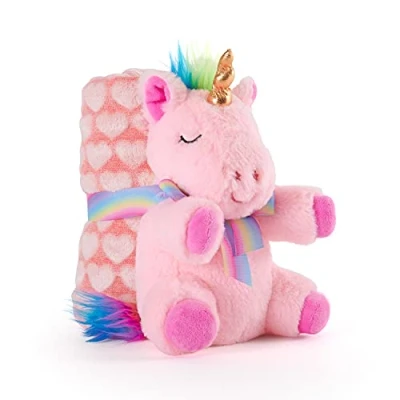 Image de Couverture Bebe avec Animal en Peluche Douce Plaid Doudou Licorne Petit Enfant 0 1 2 3 Ans Cadeau de Naissance Fille Garcon Coloré Tissu Moelleux Chaud 120x80 cm Perletti (Licorne Rose)