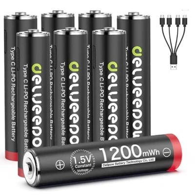 Afbeelding van Delyeepow 8 stuks USB C AAA lithiumbatterijen 1,5 V 1200 mWh met 4 in 1 oplaadkabel uur snel opladen 1500 cycli