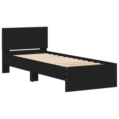 Afbeelding van Bedframe met hoofdbord bewerkt hout zwart 75x190 cm