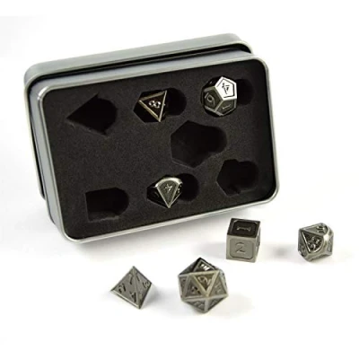 Afbeelding van shibby 7 veelvlakkige metalen dobbelstenen voor rollenspellen en tafelspelen in steampunk look zilver met opbergdoos