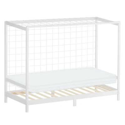 Afbeelding van Kinderbed voetbaldoel 90x200 cm wit gemaakt van grenenhout incl. matras H 10cm houten bed met lattenbodem &amp; doelnet ML Design