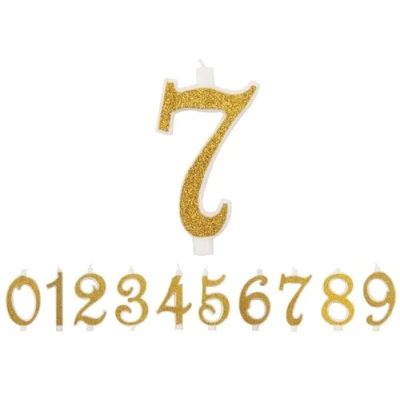 Afbeelding van IDEGOS 10 cm verjaardagskaarsen nummer 7, 3D goud, glitter, decoratie voor verjaardagstaart, kaarsen huwelijkstaart (goud, 7)