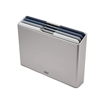 Image de Joseph Folio Ensemble de 4 Planches à découper cuisine en plastique,avec support rangement organisé Grand, Argent/Bleu