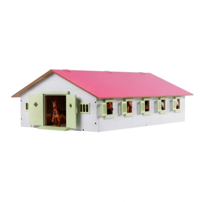 Afbeelding van Kids Globe paardenstal met 9 boxen 1:32 hout roze