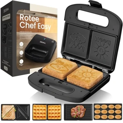 Afbeelding van Zeegma Rotee Chef Easy Tosti apparaat 5 Uitneembare platen 750W Antiaanbaklaag LED indicatoren Broodrooster Met verwisselbare sets platen: Tosti, Wafel, Grill, Voor noten, glimlach