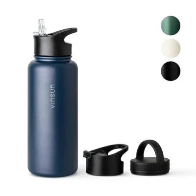 Afbeelding van VINSUN Thermosfles, 1 l, drinkfles van roestvrij staal met rietje (3 doppen), waterdicht, BPA vrij, herbruikbaar, thermosfles voor sport, wandelen, school, kantoor