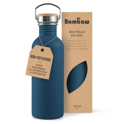 Afbeelding van Bambaw® Waterfles 750 ml Enkelwandige drinkfles RVS Niet Geïsoleerd Lekvrij, en Plasticvrij met Bamboe Dop Drinkbus Volwassenen Perfect voor Reizen, Werk, Yoga, Wandelen Dagelijks Gebruik Drinkflessen blauw