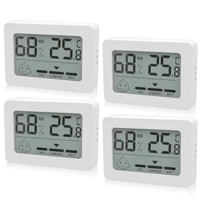 Afbeelding van Set van 4 digitale mini hygrometer voor binnen, met smiley indicator, binnenthermometer babykamer, woonkamer, slaapkamer, kantoor, wit