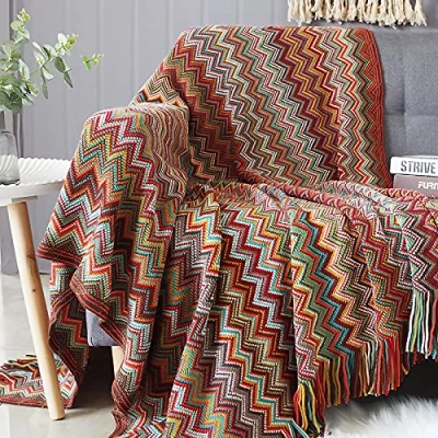 Afbeelding van gebreide deken met kwastje pied de poule boho geruite sprei gooien bankdeken decoratieve voor slaapbank 180x240cm