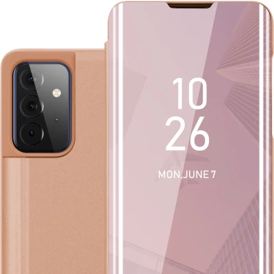 Afbeelding van Cadorabo Hoesje geschikt voor Samsung Galaxy A72 4G / 5G in KUNZIET ROZE Clear View Spiegel Beschermende Case met Tribunefunctie 360 Graden Bescherming Book Cover Etui