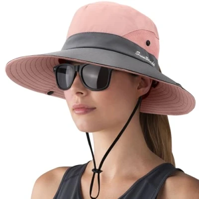 Afbeelding van DRESHOW Vrouw Zonnehoed Outdoor UV bescherming Hoed Opvouwbare Brede Rand Paardenvissen Staart UPF 50+, 1 set: roze grijs + bril brillenkoker