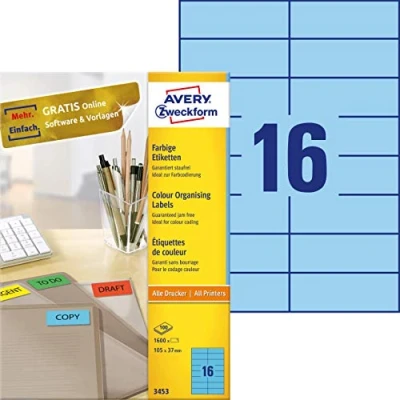 Afbeelding van Etiket Avery Zweckform 3453 105x37mm blauw 1600stuks