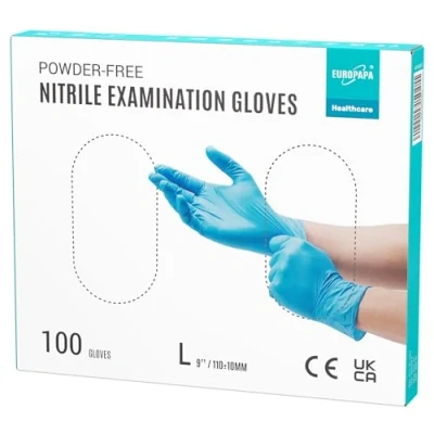 Afbeelding van EUROPAPA® nitril wegwerphandschoenen, onderzoekshandschoenen, handschoenen, poedervrij, latexvrij, niet steriel, maat L, blauw, 100 stuks