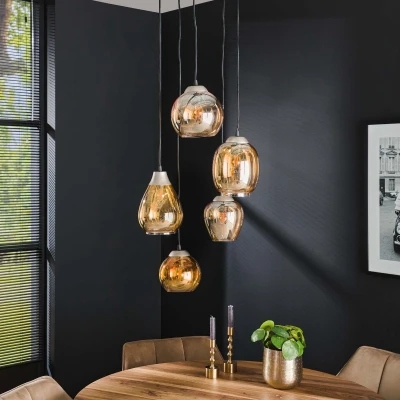 Afbeelding van AnLi Style Hanglamp 5L getrapt mix Amberkleurig glas