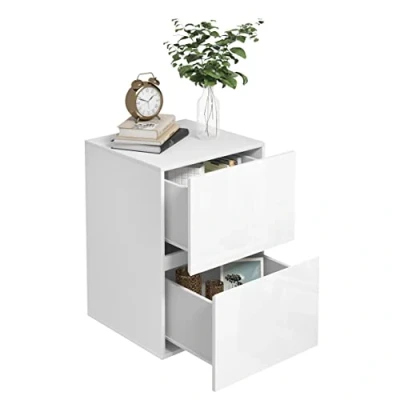 Afbeelding van EUGAD nachtkastje met 2 glanzende stroken, grote opbergruimte, 40 x 58 cm, bijzettafel in Scandinavische stijl, voor slaapkamer, woonkamer, hoek, wit, 0182ZZ