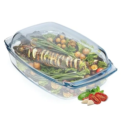 Afbeelding van Ovenschotel van hittebestendig glas vuurvast vat, glazen braadpan met deksel en handgrepen servies om te braden, oven, elektrisch fornuis, voor lasagne &amp; vlees transparant, rechthoekig, 5L