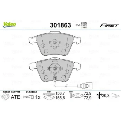 Afbeelding van VALEO 301863 Remblokkenset FIRST Vooras Incl. slijtage waarschuwingscontact Zonder anti kreukplaat VOLKSWAGEN: Golf 5, Passat B6 Saloon, Eos