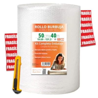 Afbeelding van OFITURIA Luchtkussenfolie 50 cm x 40 m complete verpakkingsset met cutter + 12 breekbare etiketten set voor verhuizing, verpakking, noppenfolie
