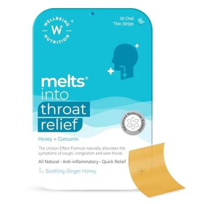 Afbeelding van Honing &amp; Curcumine Keelverzachting Smeltblaadjes (geen capsule geen water) Vitaminen en Mineralen Supplement Snel oplossende orale vegan strips 30 Kalmerende Gember Smaak Wellbeing2day MELTS
