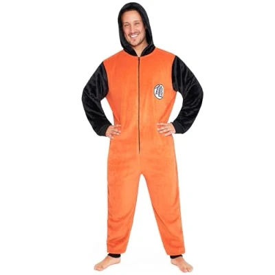 Afbeelding van Dragon Ball Z Fleece onesie voor heren met capuchon, comfortabel, anime cadeaus hem, Oranje/Zwart