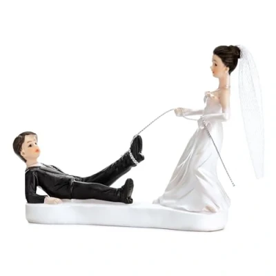 Afbeelding van Partydeco trouwfiguurtje/caketopper bruidspaar met touw Bruidstaart figuren 13 cm
