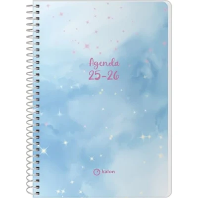 Afbeelding van Q Kalon Agenda Scolaire 2025 2026 Vue Semaine, Taille A5 (15x21 cm), Espagnol et Anglais, Septembre à Juin, Fermeture Spirale, Couverture Flexible avec Plastique Protecteur Sky