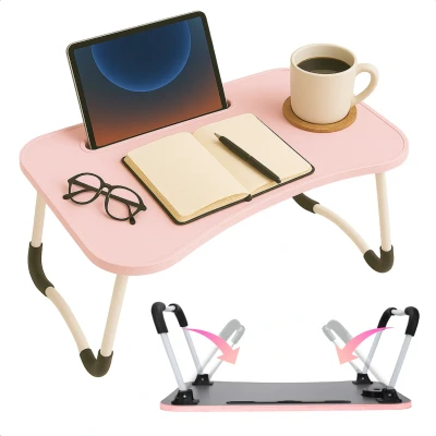 Afbeelding van Cheqo® Opklapbare Laptoptafel Ontbijt op Bed Tafel Bedtafel met Tablethouder Bank Tafeltje Ontbijttafeltje Banktafel Roze