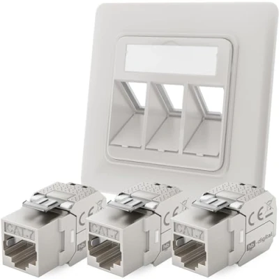 Afbeelding van hb digital Kit: netwerkdoos 3 poorten RAL9003 signaalwit + 3x Cat.7 Keystone RJ45 jack module inbouw stopcontact LAN Ethernet netwerkinstallatie 1000MHz 10Gb/s STP