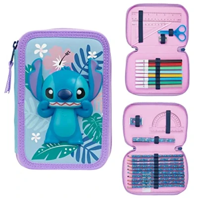 Afbeelding van Disney etui voor meisjes, Stitch, Frozen, gevulde met vak en viltstiften, kawaii, cadeau idee kinderen meisjes (Stitch, blauw)