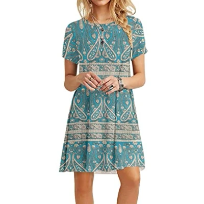 Afbeelding van MOLERANI Casual T shirt jurk met korte mouwen voor dames strand en zomer, Boho Bloemen Groen, L