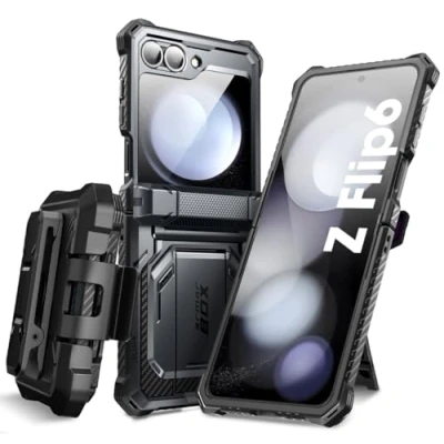 Afbeelding van i Blason Beschermhoes voor Samsung Galaxy Z Flip 6 met standaard [geïntegreerde displaybescherming] [scharnierbescherming] [riemclip] volledige militaire bescherming 6, zwart