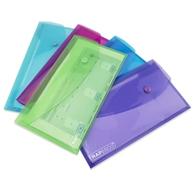 Afbeelding van Rapesco 0690 Eco gerecyclede drukknopzak, DL, levendige kleuren, transparant, gesorteerd, 5 stuks
