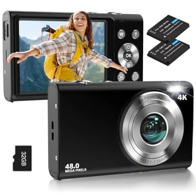 Afbeelding van digitale 4K autofocus camera met 32G HD 48MP SD kaart groot 2,8 inch display, 16 voudige zoom, draagbare compacte voor volwassenen, beginners (zwart)