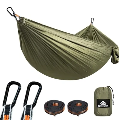 Afbeelding van NATUREFUN Ultralichte campingreishangmat 300 kg draagvermogen, (275 x 140 cm) nylon parachute 2 hoogwaardige karabijnhaken, riemen voor binnen/buiten tuin