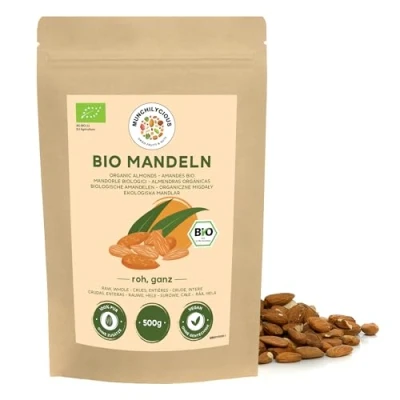 Afbeelding van Munchilycious biologische amandelen, 500 g, rauwe ongeroosterde en ongezouten notensnacks, keto, perfect voor de bereiding van amandelmelk amandelmeel